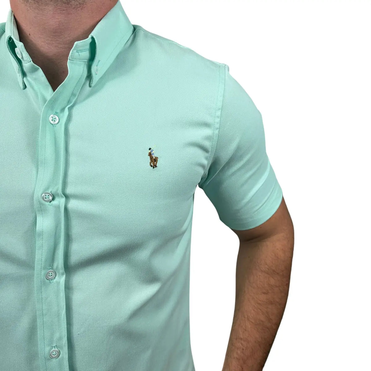 Camisa PRL Masculina Manga Curta Sarja Verde Claro