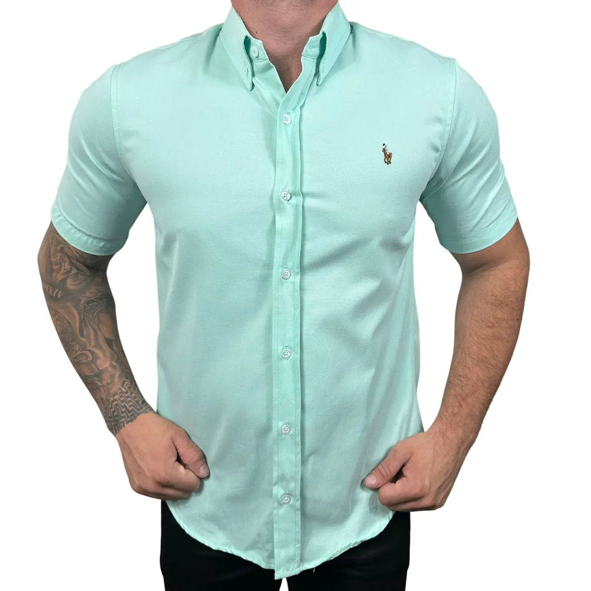 Camisa PRL Masculina Manga Curta Sarja Verde Claro
