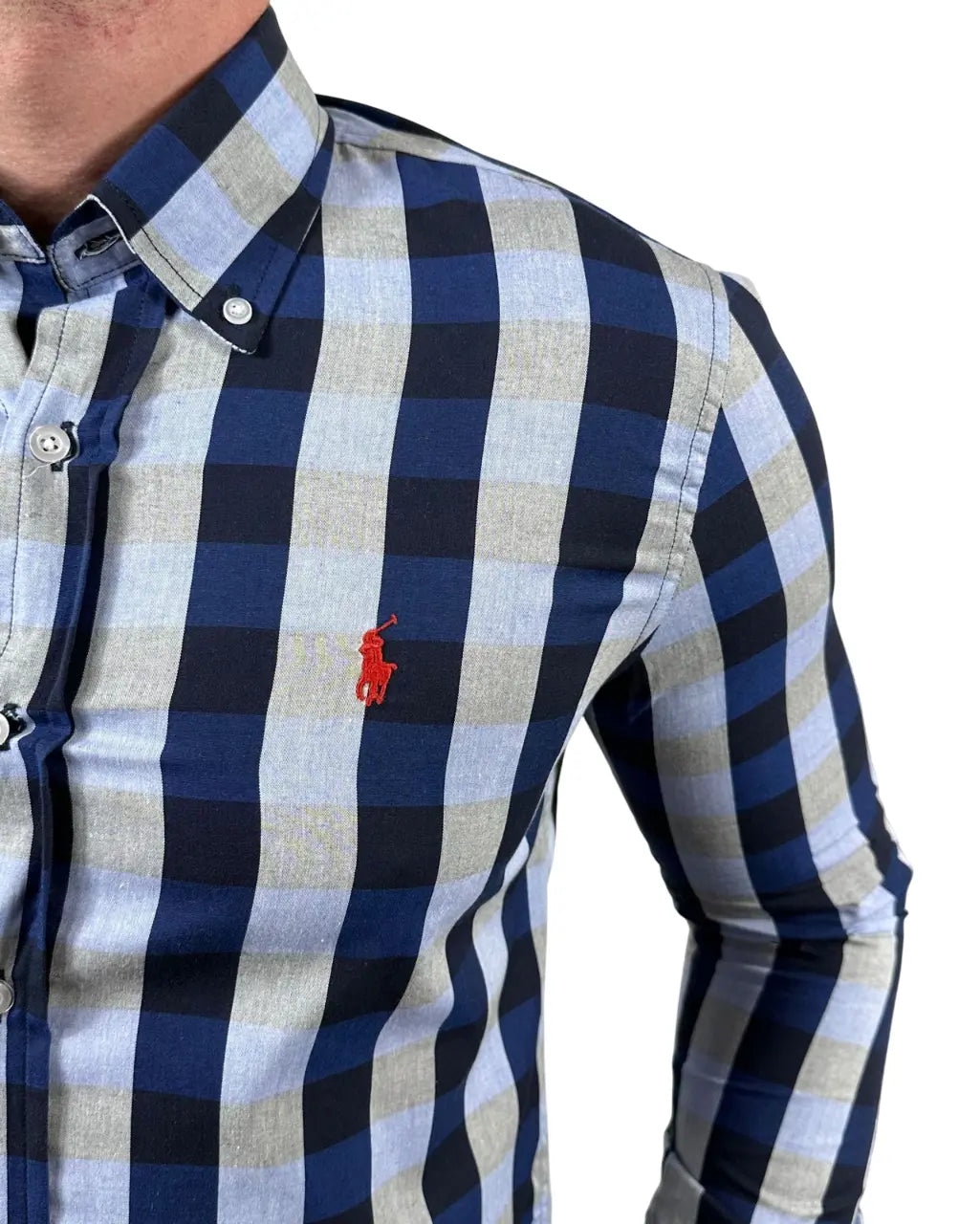 Camisa PRL Custom Fit Tricoline Algodão Xadrez Cor Azul