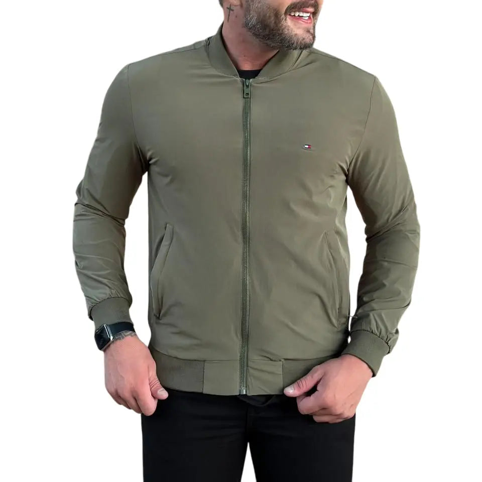 Jaqueta T. Hilfiger Monocromático Verde com Zíper em Poliéster e Elastano
