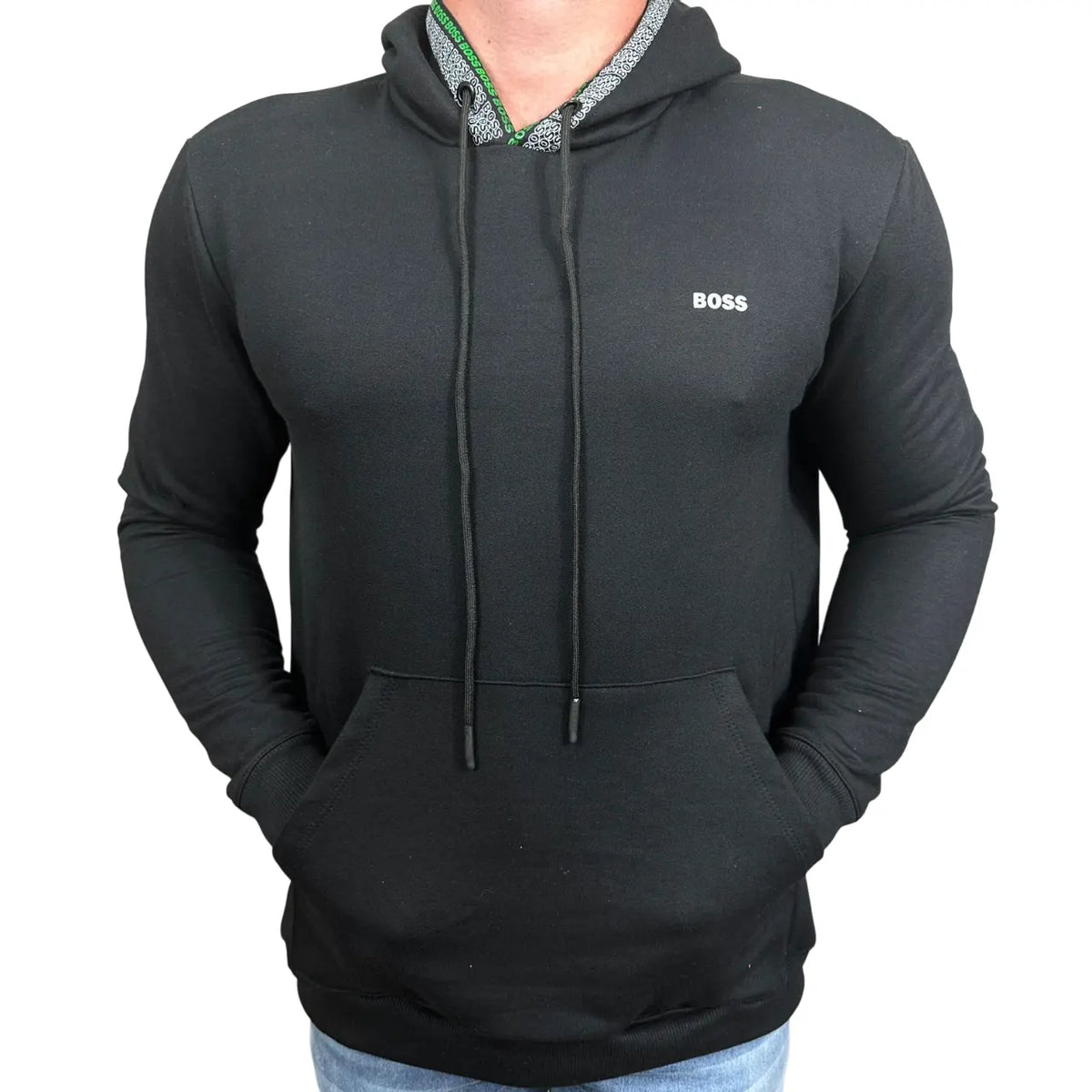 Blusa Moletom Boss Monocromático Preto em Algodão com Capuz
