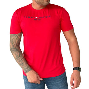 Camiseta Masculina Manga Curta Cor Vermelha em Seda Pima