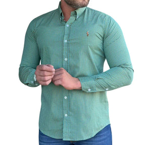 Camisa Social Masculina Custom Fit PRL Algodão Xadrez Verde