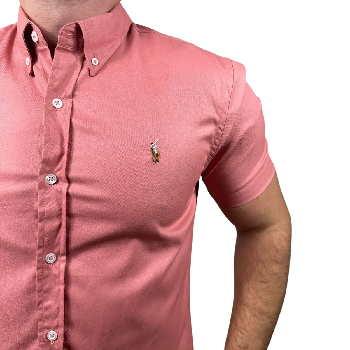 Camisa PRL Masculina Manga Curta Sarja Salmão Escuro