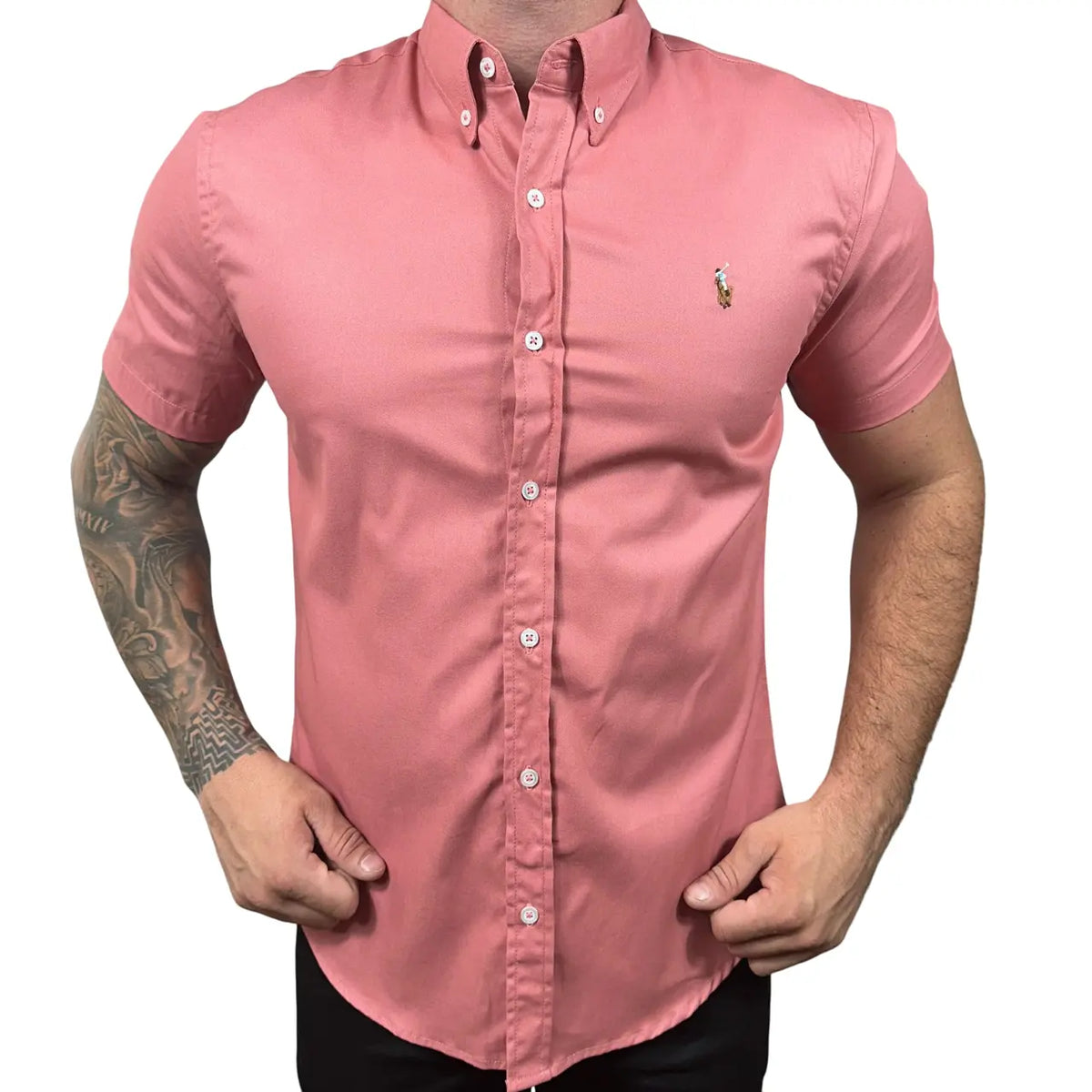 Camisa PRL Masculina Manga Curta Sarja Salmão Escuro