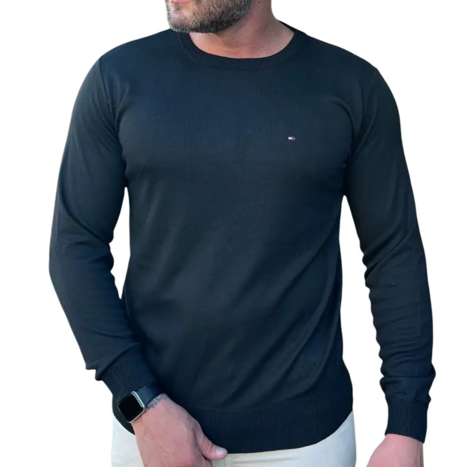 Suéter T. Hilfiger Monocromático Preto com Gola Redonda em Poliéster