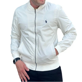 Jaqueta Monocromático Off White com Zíper Impermeável em Poliéster e Elastano