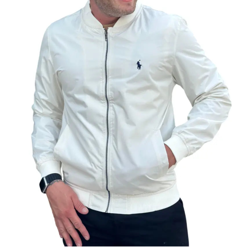 Jaqueta Monocromático Off White com Zíper Impermeável em Poliéster e Elastano
