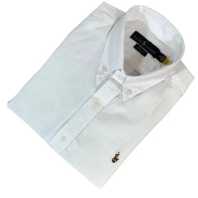 Camisa PRL Masculina Manga Curta Oxford Branca Logo Marrom