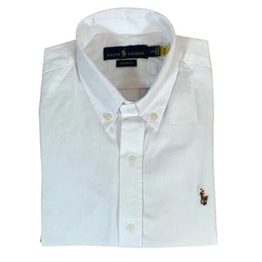 Camisa PRL Masculina Manga Curta Oxford Branca Logo Marrom