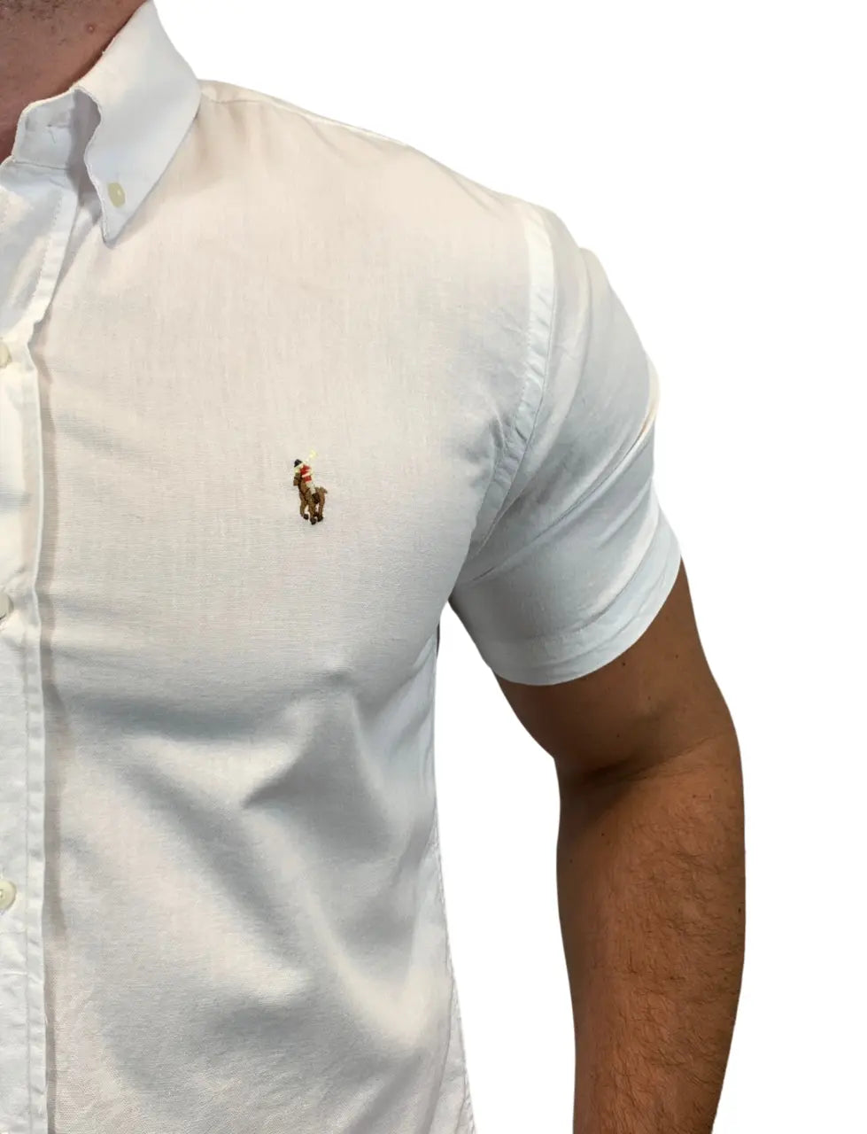 Camisa PRL Masculina Manga Curta Oxford Branca Logo Marrom