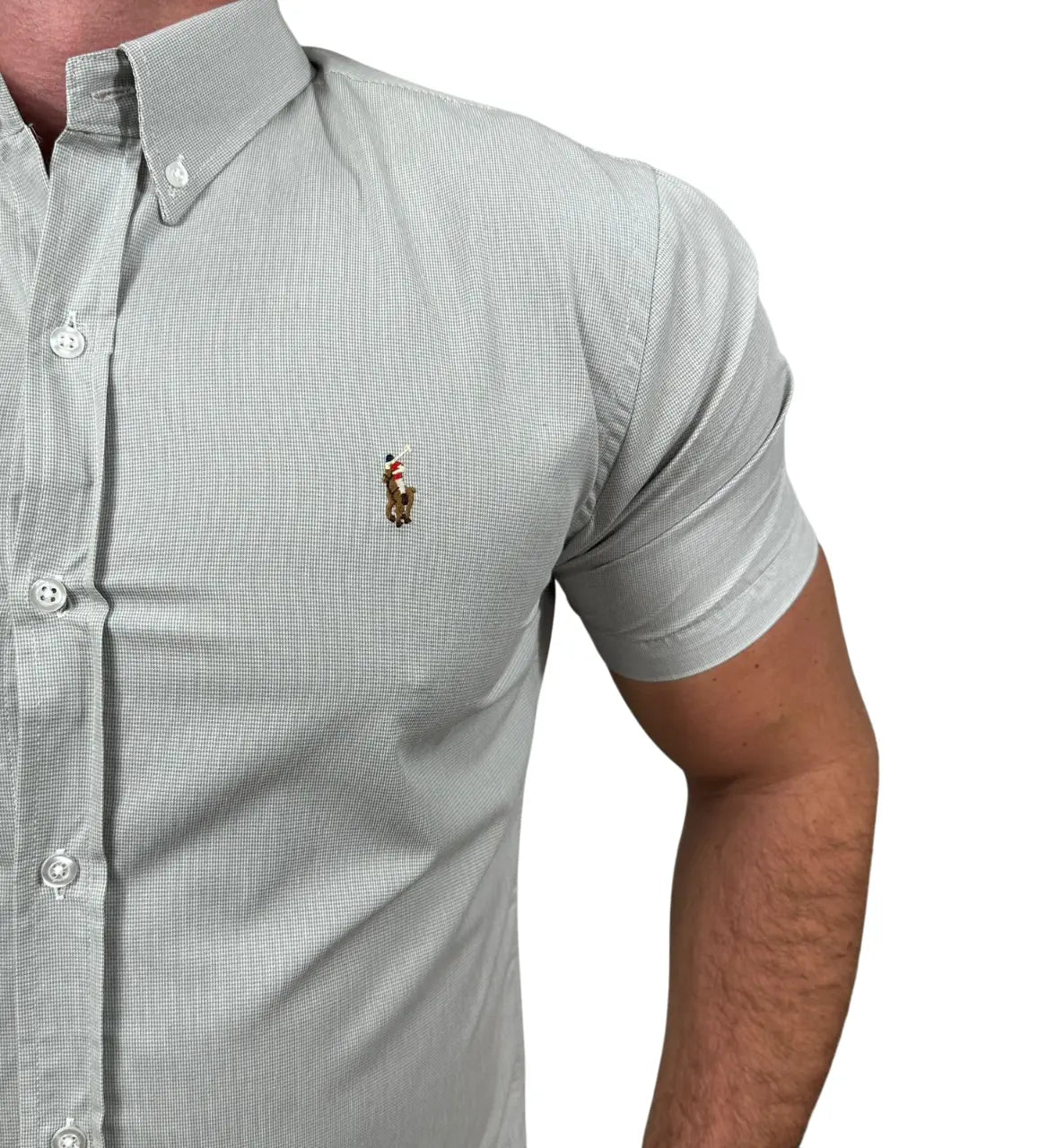 Camisa PRL Masculina Manga Curta Tricoline Cinza Micro Xadrez
