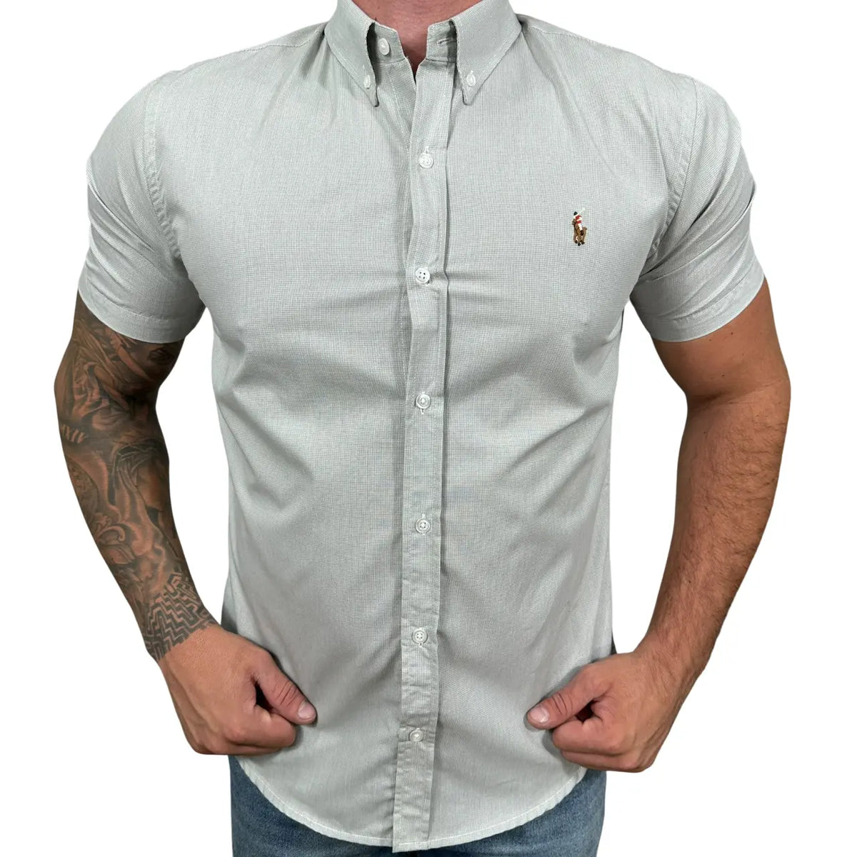 Camisa PRL Masculina Manga Curta Tricoline Cinza Micro Xadrez