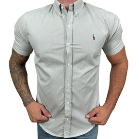 Camisa PRL Masculina Manga Curta Tricoline Cinza Micro Xadrez
