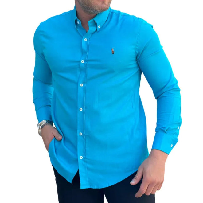Camisa Social Masculina Custom Fit PRL Algodão Azul