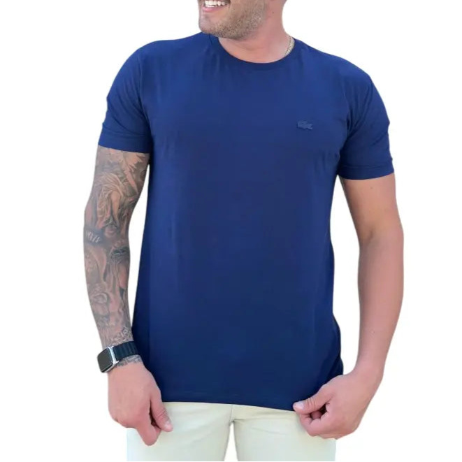 Camiseta Masculina Manga Curta Cor Azul em Seda Pima