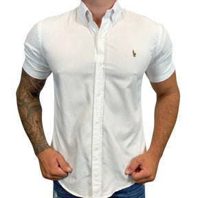 Camisa PRL Masculina Manga Curta Oxford Branca Logo Marrom
