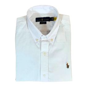 Camisa PRL Masculina Manga Curta Oxford Branca Logo Marrom