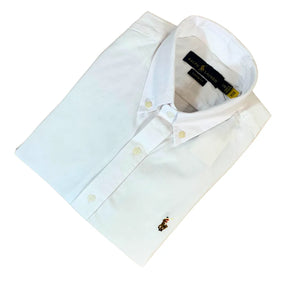 Camisa PRL Masculina Manga Curta Oxford Branca Logo Marrom